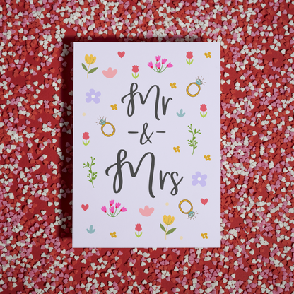 Mr and Mrs Ditsy Floral Wedding Card – Pretty Flowers & Elegant Calligraphy – Wedding Congratulations Card