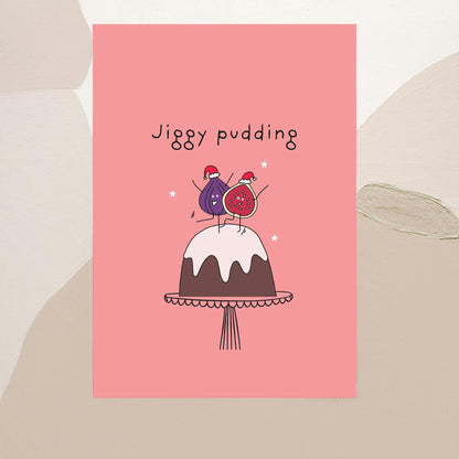Funny Cartoon Christmas pudding pun inspired Christmas Card for him for her for friends for family for figgy pudding fans