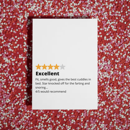 Funny Valentines Day Card - 4 Star Review - Excellent, Would Recommend - Funny Valentines gift for him, for her, for them