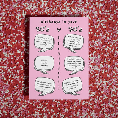Hilarious 20's vs 30's Birthday Card – Funny Age Comparison speech bubble card