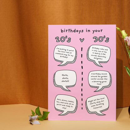 Hilarious 20's vs 30's Birthday Card – Funny Age Comparison speech bubble card