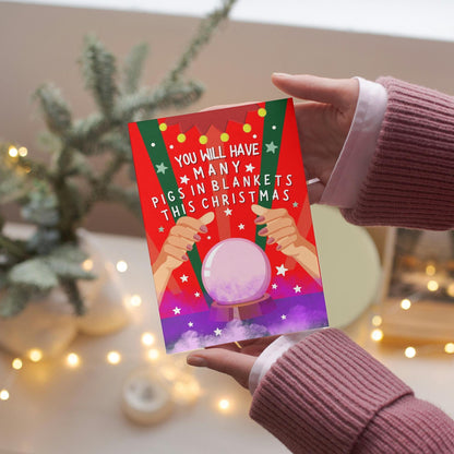 Funny Pigs in Blankets Cartoon illustrated Christmas Dinner Psychic Tarot Reading Christmas Card For him For her For them For best friend