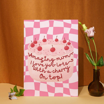 Pretty Contemporary Cherry Cake Mother's Day Card | love you lots | Unique Greeting Card for Mum | Feminine Birthday Card | Sweet Treat Card