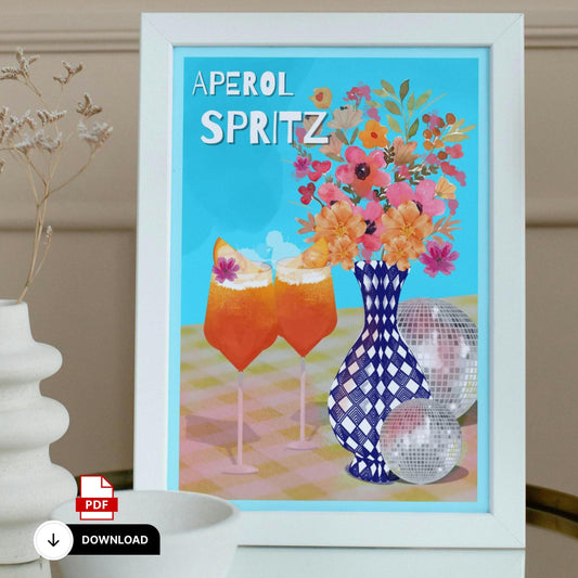 Aperol Spritz Digital Print | Maximalist Cocktail Wall Art | A4 Download | Bright Disco Ball Decor