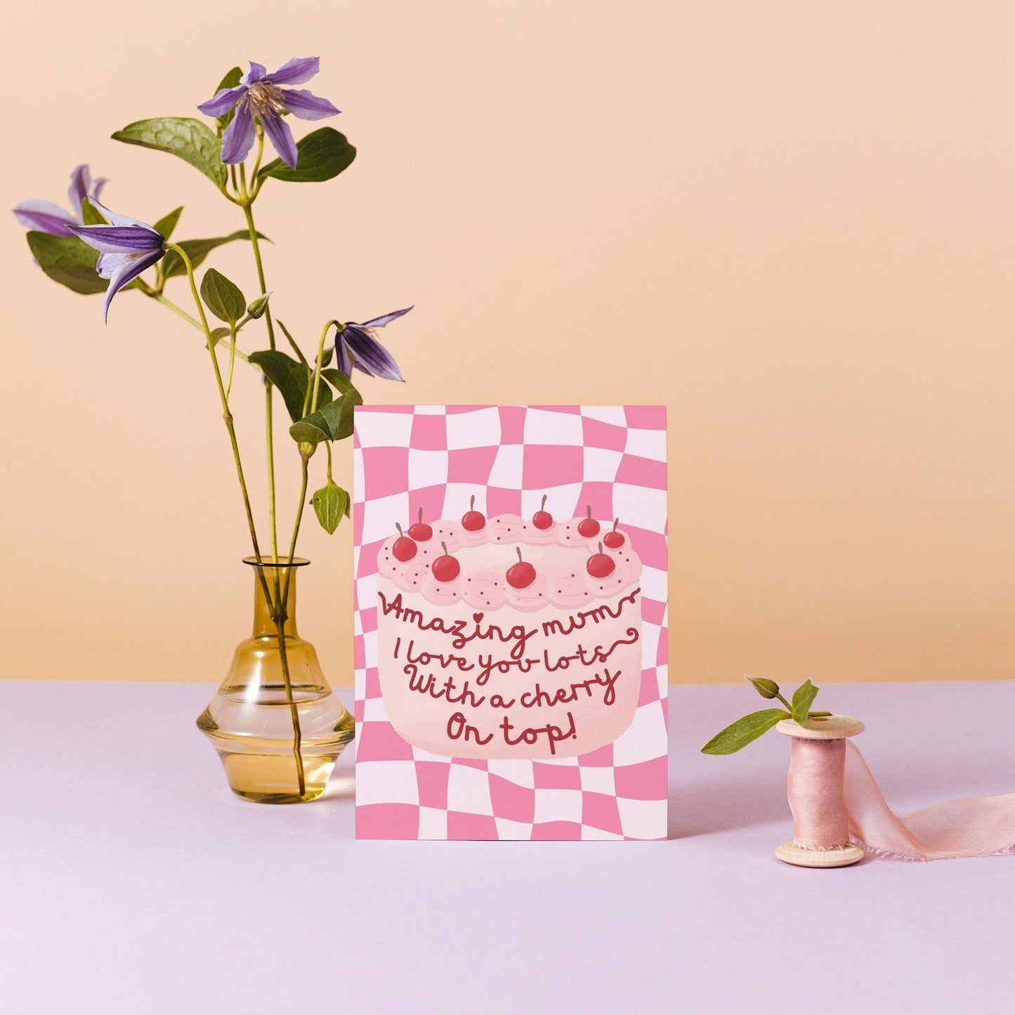 Pretty Contemporary Cherry Cake Mother's Day Card | love you lots | Unique Greeting Card for Mum | Feminine Birthday Card | Sweet Treat Card