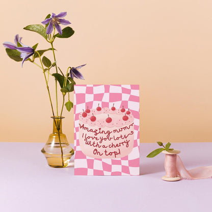 Pretty Contemporary Cherry Cake Mother's Day Card | love you lots | Unique Greeting Card for Mum | Feminine Birthday Card | Sweet Treat Card