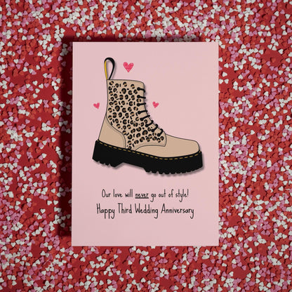 Unique Third Wedding Anniversary Card - Dr Martens Design | Leopard Print | Leather Anniversary |  Card for Husband or Wife