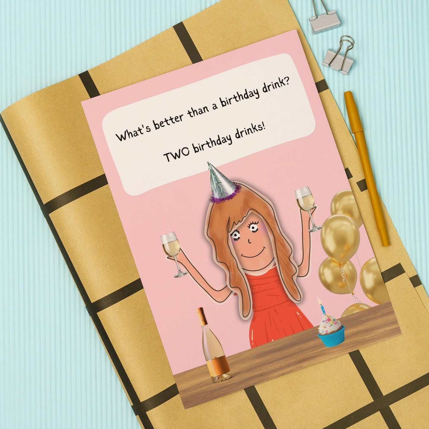 Funny Birthday Drinks Comic Card - Humorous Illustration Card for Friends, Best Friends & Girlfriends - Fun Party Greeting Card