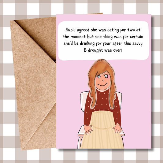 Hilarious Congratulations Baby Card for New Mum | First Time Mum | Mum to Be | Eating for Two | Comical Illustration Card