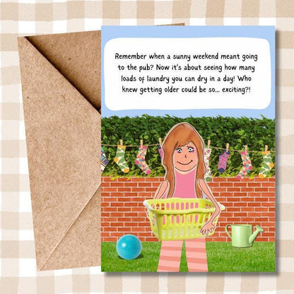 Hilarious Birthday Card - Comic Beer Garden & Laundry Illustration - Funny Banter Card for Him, Her, Friends - Humorous Birthday Greeting