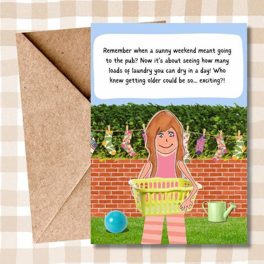 Hilarious Birthday Card - Comic Beer Garden & Laundry Illustration - Funny Banter Card for Him, Her, Friends - Humorous Birthday Greeting