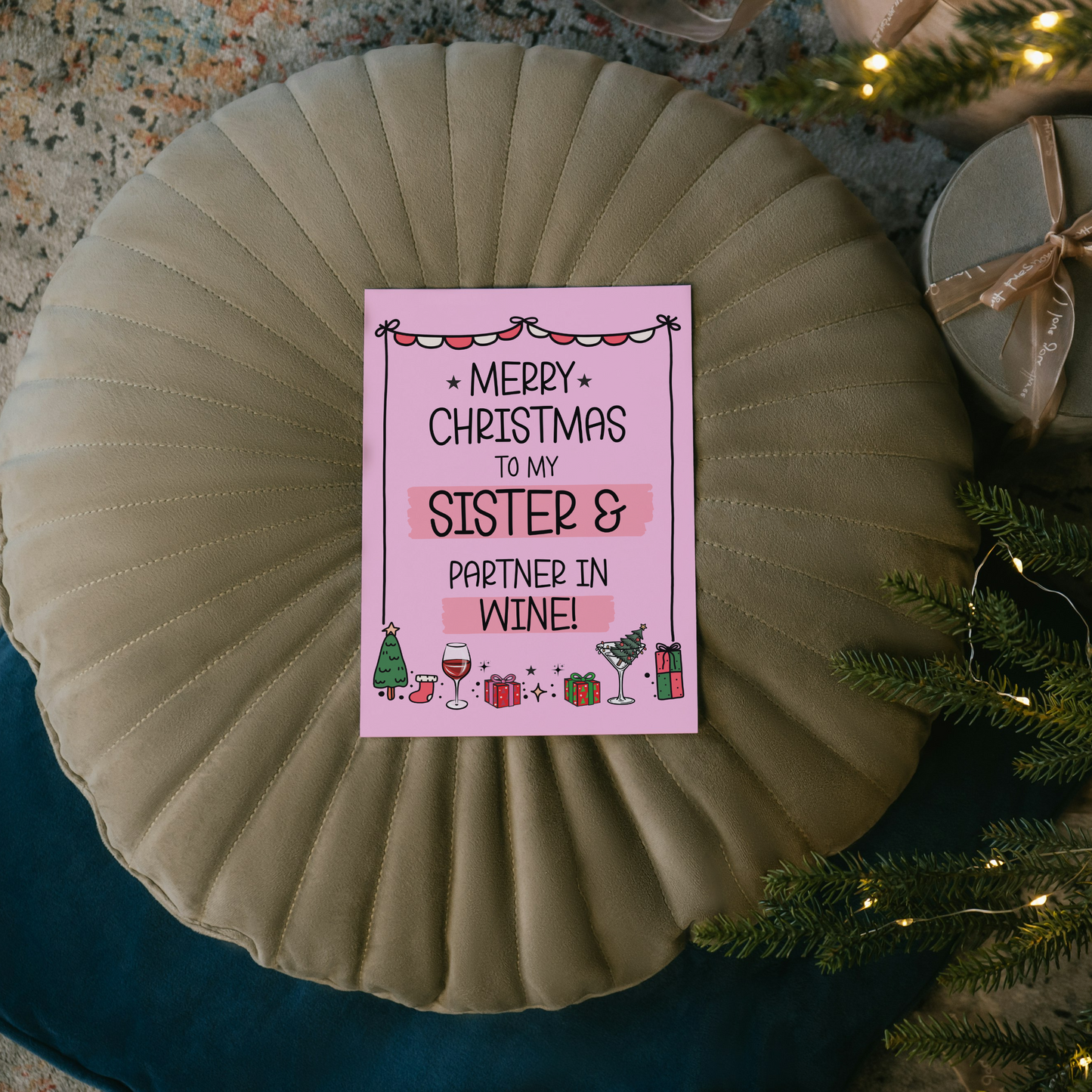 Funny Sister Christmas Card - Partner in Wine - Wine Themed Christmas Card for Sister