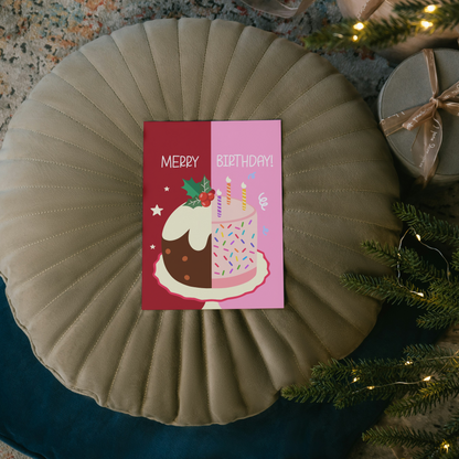 Funny Christmas Birthday Card – December 25th Birthday Card – Birthday Cake & Christmas Cake Illustration – For Him or Her