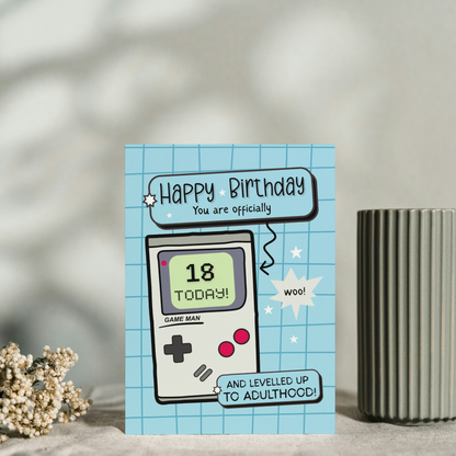 Happy 18th Birthday Card – Game boy Pun – Levelled Up to Adulthood – Milestone 18th Card for Him & Her – Gamer Birthday Greeting Card