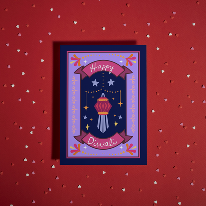 Happy Diwali Greeting Card – Colourful Hanging Lantern Card – Diwali Celebration Card – Festival of Lights Card – Diwali Wishes Card