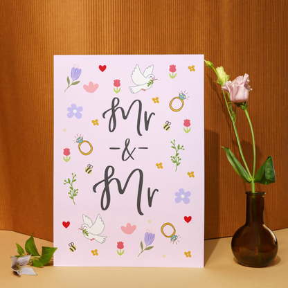 Mr and Mr Wedding Card | Ditsy Floral Calligraphy Card | LGBTQ+ Wedding Congratulations