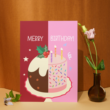 Funny Christmas Birthday Card – December 25th Birthday Card – Birthday Cake & Christmas Cake Illustration – For Him or Her